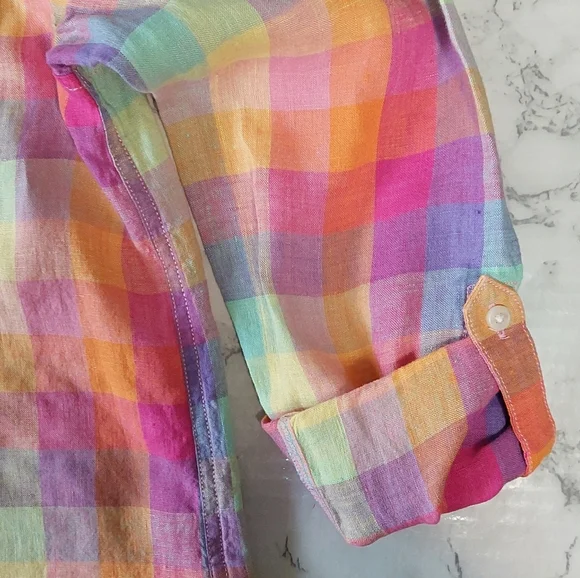 Lands' End Rainbow Madras Plaid Button Down Linen Shirt, Size XS (runs big) - Picture 7 of 9